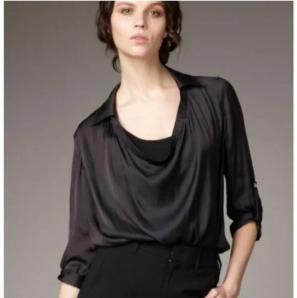 Vince Black Satin Cowl Neck 3/4 Roll Tab Sleeves Collared Women's Blouse Size 2